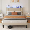 Gizoon Queen Bed Frame with Charging Station and LED Lights,Upholstered Wingback Platform Bed with Wooden Slats,Noise-Free,No Box Spring Needed