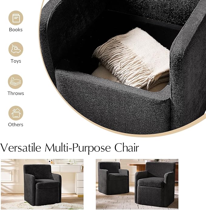 HULALA HOME Upholstered Dining Chair with Smooth-roling Castors, Modern Fabric Side Dining Room Chairs with Built-in Storage, Multi-Purpos Kitchen Chairs for Living Room, Black
