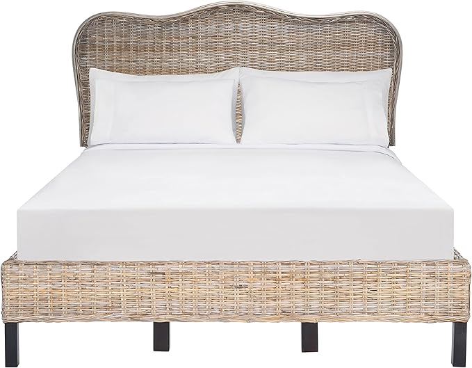 SAFAVIEH Home Collection Daejon Coastal Rattan Legs Camelback Headboard Queen Size Bed BED8001A-Q, Grey/Espresso