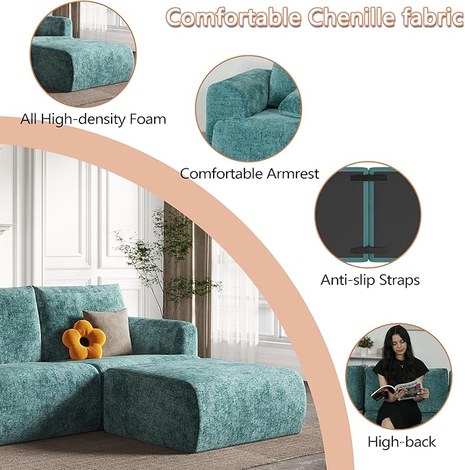 EASE MOOSE Cloud Couch Sectional Sofa, Large L-Shaped Oversized Modular Couch for Living Room, Minimalist Boneless Convertible Couches, 5-Seat Deep Sofas for Bedroom, Chenille (Blue)