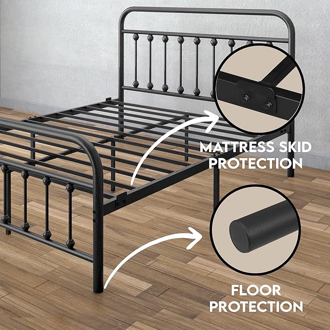 Golden Gate Beds Victorian Vintage Style Metal Bed Frame with Wrought Iron Headboard and Footboard, Classic Platform Bedframe Storage, No Box Spring Needed, Mattress Foundation, Black, California King