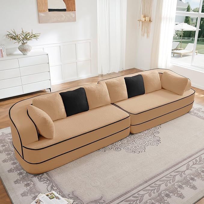 Cloud Sectional Sofa Modern Boneless Couch for Living Room, Comfy Deep Seat Comfy Teddy Fabric Double Sofa Chaise No Assembly Required (Camel, 135"- 4 Seater)