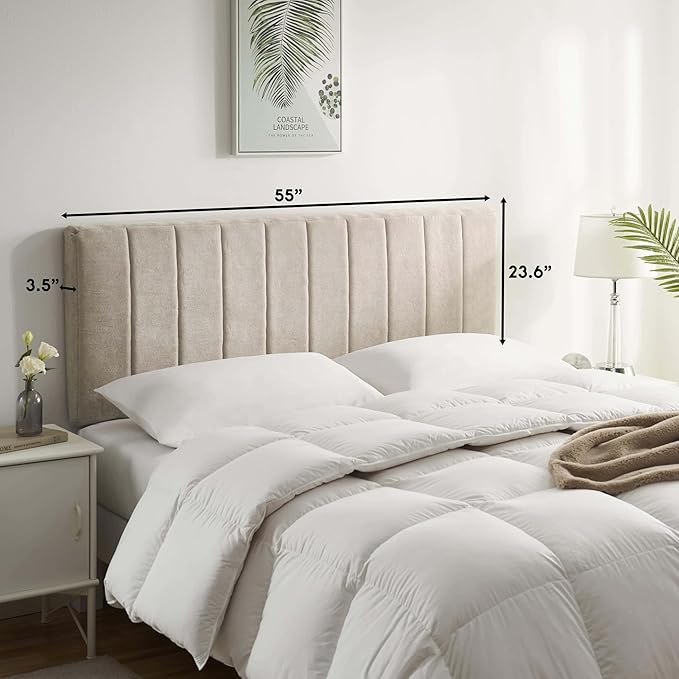 Upholstered Full Headboard - Easy Assemble Channel Stitched Headboard Full Size - Wall Mounted Headboards with 3D Soundproof Wall Panels Peel & Stick Floating Headboards, Beige