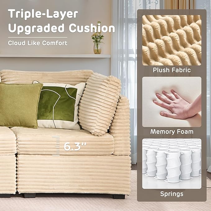 98" Modular Sofa with Swivel Chairs, Modern L Shape Cloud Sectional Couch Plush Corduroy 5 Seater Deep Seat Sofas Set & Accent Armchair Set of 2 for Living Room, Beige