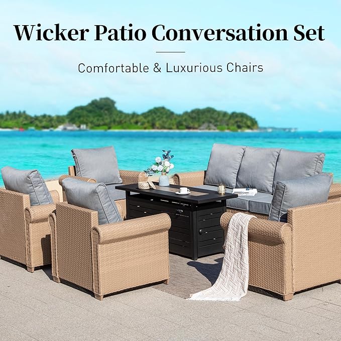 Patio Furniture Set 4 pcs, Wicker Rattan Outdoor Furniture with 5.5” Thick Cushions, 3-Seat Sofa, 2 Chairs and Coffee Table, Outdoor Conversation Set for Garden Backyard Deck, 5 Seats Grey