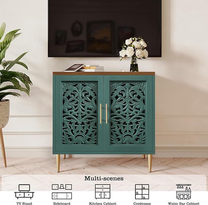 ARTPOWER Accent Cabinet with 2 Doors, Vintage Hollow Carving Buffet Cabinet, Sideboards and Buffets with Storage, Credenza for Living Room, Kitchen, Dining Room, Entryway, Hallway, Green