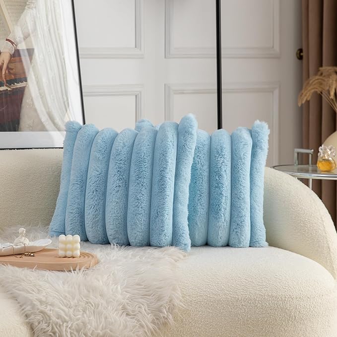 Neelvin Blue Faux Fur Cozy Soft Striped Decorative Throw Pillow Covers 20x20 inch Set of 2,Velvet Pillowcase Cushion Case for Sofa Couch