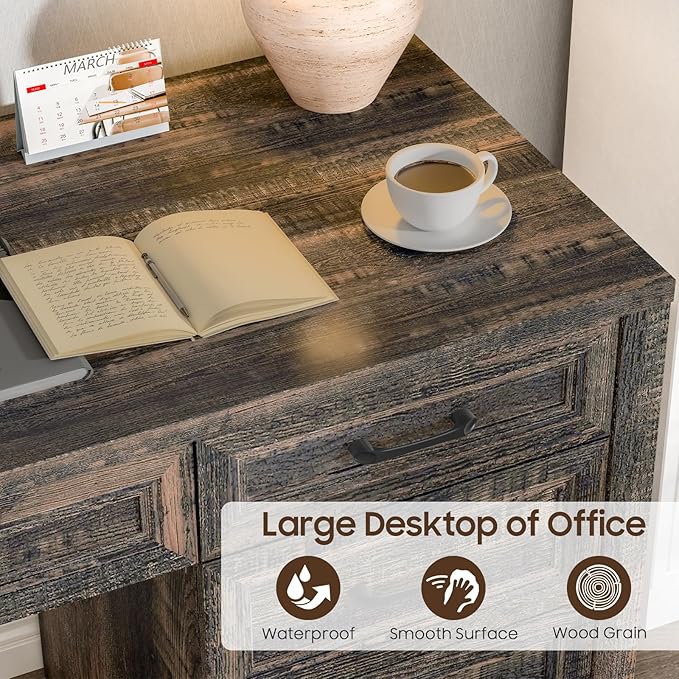 Vabches Farmhouse Executive Desk with Storage and Ample File Drawer, Rustic Large Home Writing Desk for Bedroom, Dark Oak