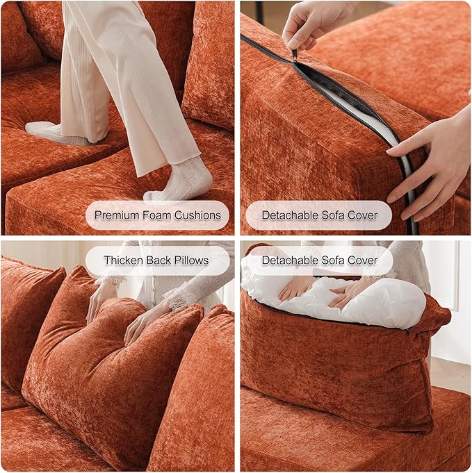 104'' Modular Sectional Sofa with All Seats Storage, Oversized U Shaped Couch for Living Room,3-Seater Comfy Cloud Couches with Movable Ottoman,Big Sectional for Bedroom,Velet,Orange