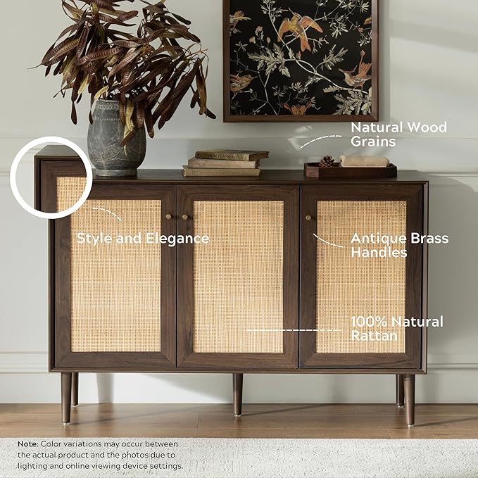 Rattan Storage Cabinet with 3 Doors, Boho Sideboard Buffet Cabinet Solid Wood Farmhouse Credenza Cabinet with Adjustable Shelves for Living Room Kitchen Entryway Hallway, Walnut