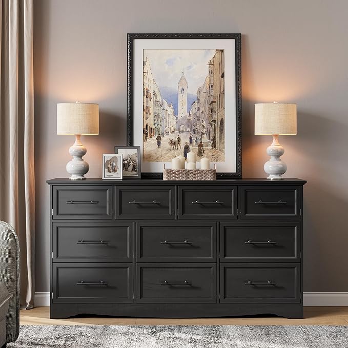 Black Farmhouse Dresser for Bedroom, 59" Wide Chest of Drawers with Brushed Metal Handle, 10 Chest of Drawers, Wood Closet Organizers and Storage Cabinet for Bedroom, Living Room, Hallway