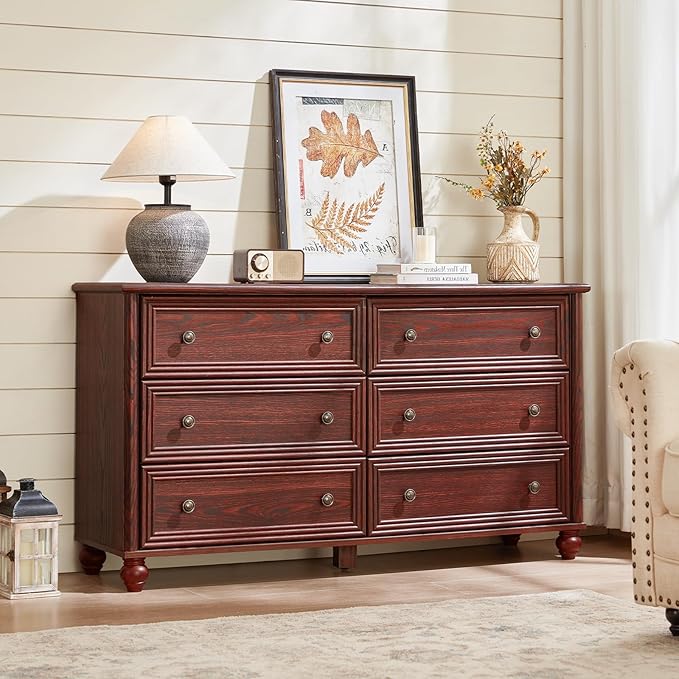 6 Drawers Dresser for Bedroom, Farmhouse 54" Wide Wood Dressers Chest of Drawers, Vintage Design TV Stand, Rustic Storage Dresser Organizer with Metal Handle Closet for Living Room, Hallway