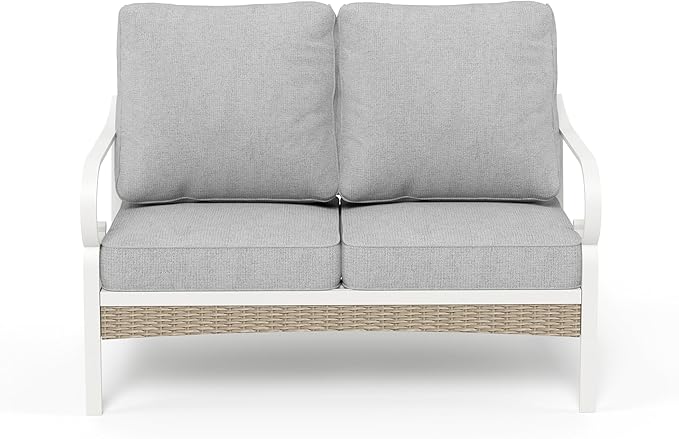 Patio Furniture Sofa, Love-Seat Patio Sofa Steel Frame Outdoor Sectional Couch with Deep Seating and 5.5” Cushions for Lawn Backyard Porch Deck, Light Gray