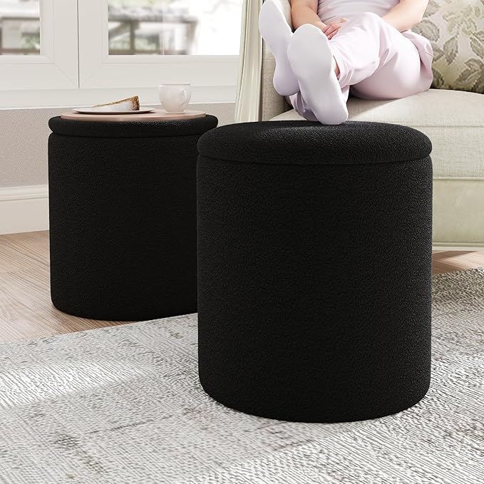 Ottoman Poufs with Storage, Set of 2 Soft Upholstered Vanity Stool,Multifunctional Ottomans Coffee Table Padded Seat Foot Rest for Living（Black, Pack of 2）