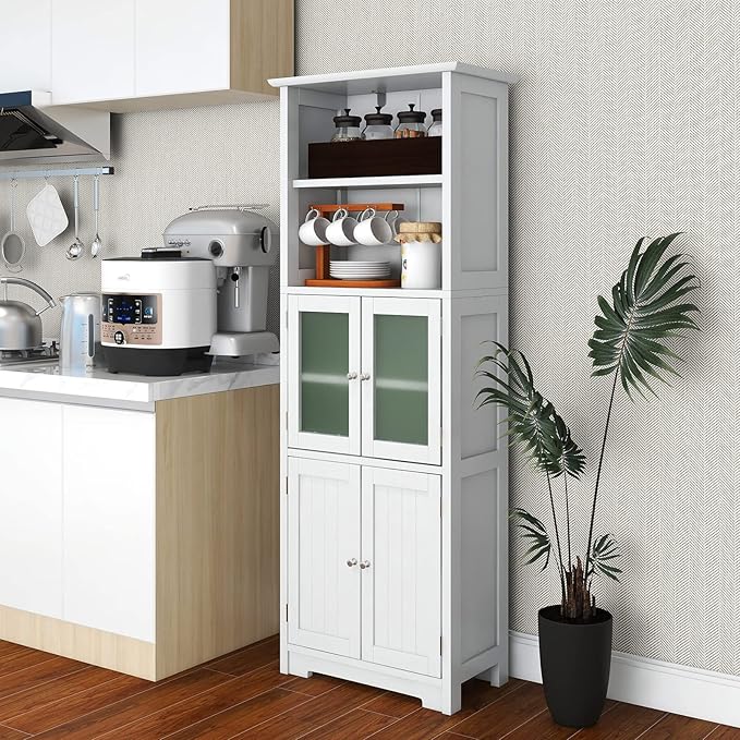 LOKO Tall Bathroom Cabinet, Modern Storage Organizer with Doors & Open Shelves, Wooden Floor Cabinet with Adjustable Shelves for Bathroom, Living Room or Kitchen (White)