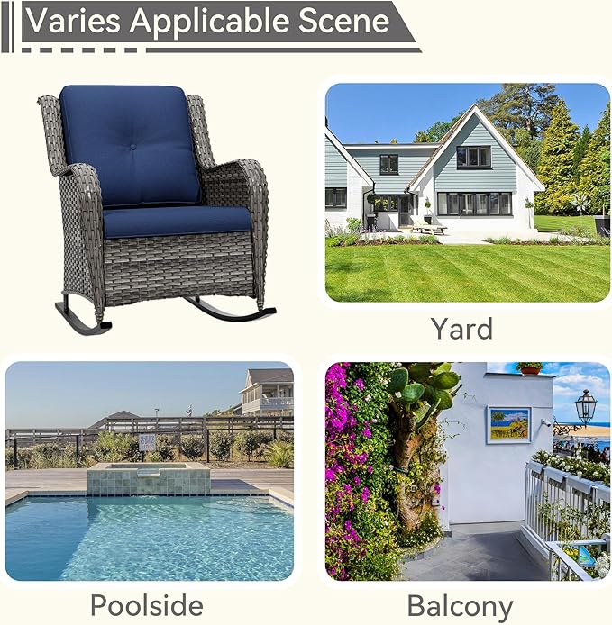 1 PC Outdoor Rocking Chair, Wicker Patio Rocker Chair for Yard, Porch, Mixed Brown Grey Rattan, Blue Cushions