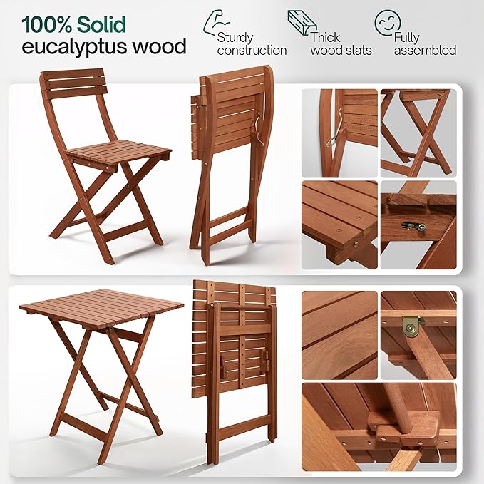 Tranquillo Foldable Eucalyptus Wood Bistro Set – 3-Piece Outdoor Patio Table and Chairs Set, Compact Folding Balcony Furniture, Weather & Water Resistant Garden Set for Small Spaces
