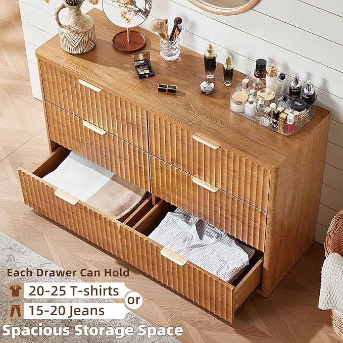 LEYAOYAO Fluted 6 Drawers Dresser for Bedroom, 48" Wide Modern Chest of Drawers with Metal Handle, Brown Curved Profile Farmhouse Closet Organizer Wood Dressers TV Stand for Living Room, Hallway