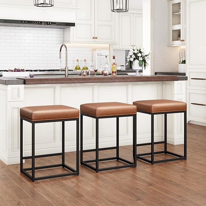 PHI VILLA Brown Bar Stools Set of 3-24 inch Counter Stools for Kitchen Island, Counter Height Bar stools
