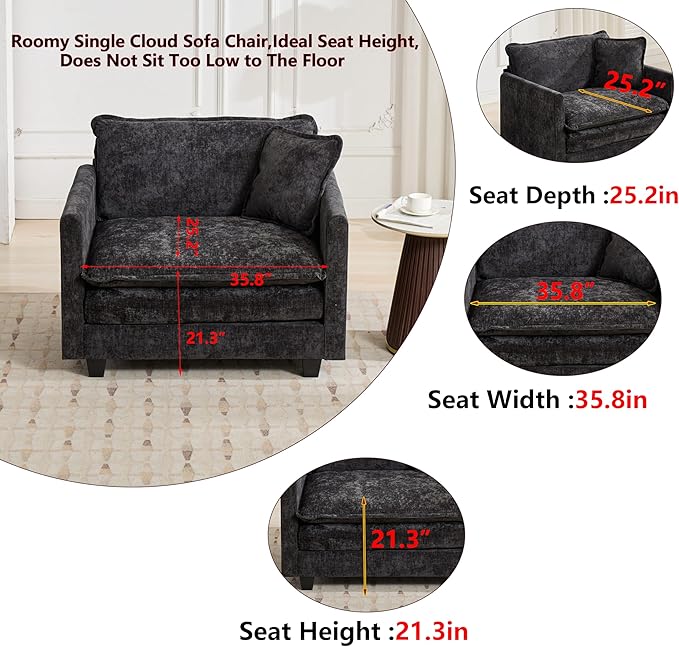 Aoowow Chenille Upholstered Accent Chair Oversized,Fluffy Single Cloud Sofa Chairs with Deep Seat,Modern Large Reading Arm Chair with Throw Pillow for Living Room,Bedroom (Black, Single Sofa Chair)