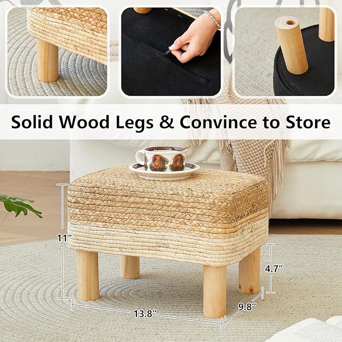 Ottoman Foot Stool Rectangular Footrest Natural Seagrass Footstool with Wooden Legs Hand Weave Multifunctional Modern Dressing Stool, Sofa Side Table for Bedroom for Living Room (White)
