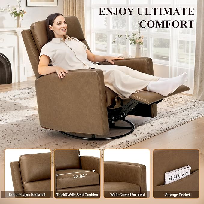 COLAMY Swivel Rocking Recliner,Wide PU Leather Glider Sofa Chair with Ergonomic High Backrest for Living Room,Bedroom（ Brown）