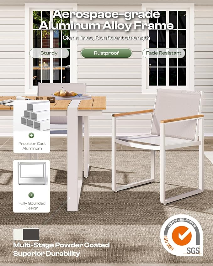 Outdoor Dining Table for 6, HDPS+ Aluminum Patio Dning Table with U-Shape Leg, Size: 67.4"*32.3"*29.6",Modern Rectangular Table for Lawn, Garden (White-Teak)