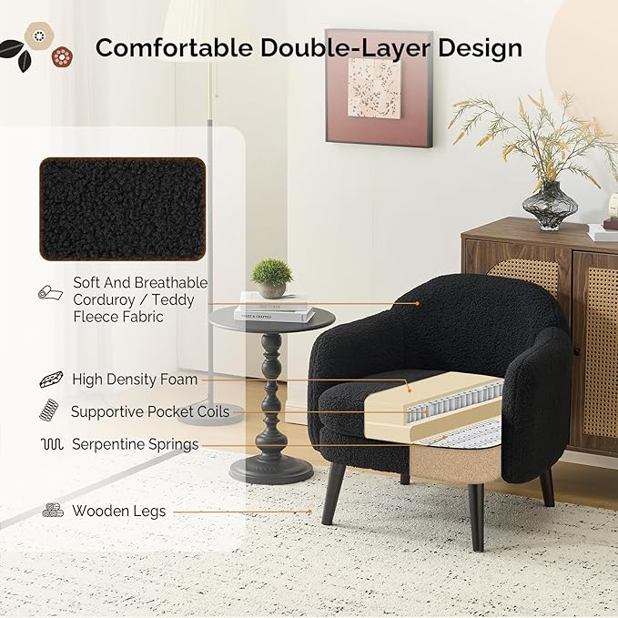VINGLI 30.3" Wide Modern Barrel Accent Armchairs Set of 2 with Track Armrest, Solid Wooden Legs, Comfy Upholstered Club Chairs, Single Home Sofa for Living Room, Bedroom, Reading,Teddy Fleece Black