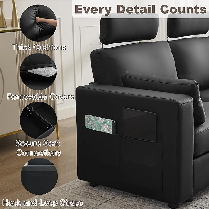 69.7" Loveseat Storage Sofa, Faux Leather Love Seat Couch with Headrest & Pocket, Modular Sectional Cloud 2 Seater Sofas for Living Room Apartment Small Spaces, Oversized Deep Seat Couches, Black
