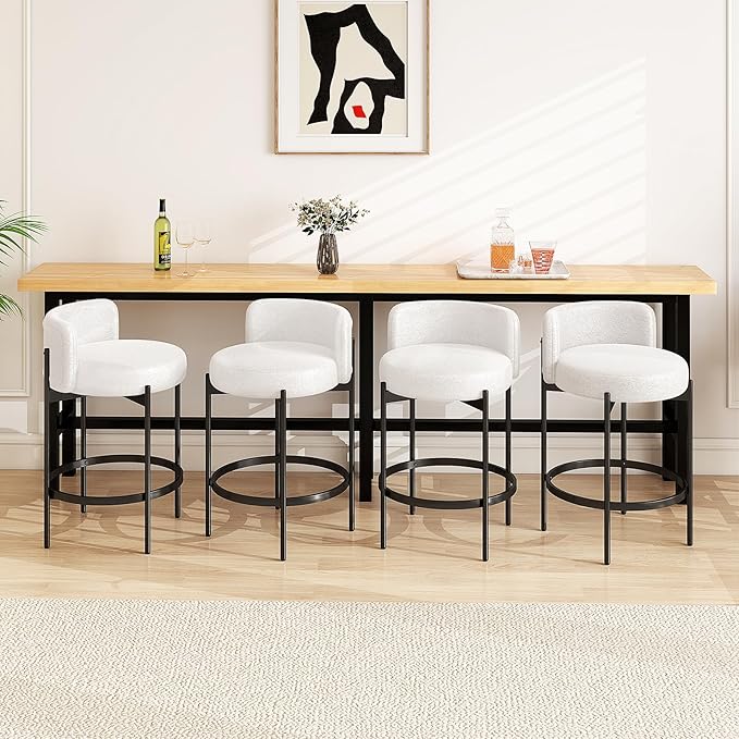 COSTWAY Counter Height Bar Stools Set of 4, 24.5 Inch Boucle Modern Barstools w/Curved Backrest, Metal Frame, Comfy Footrest, Upholstered Island Chairs for Dining Room, Kitchen, Cafe, 400 LBS Max Load