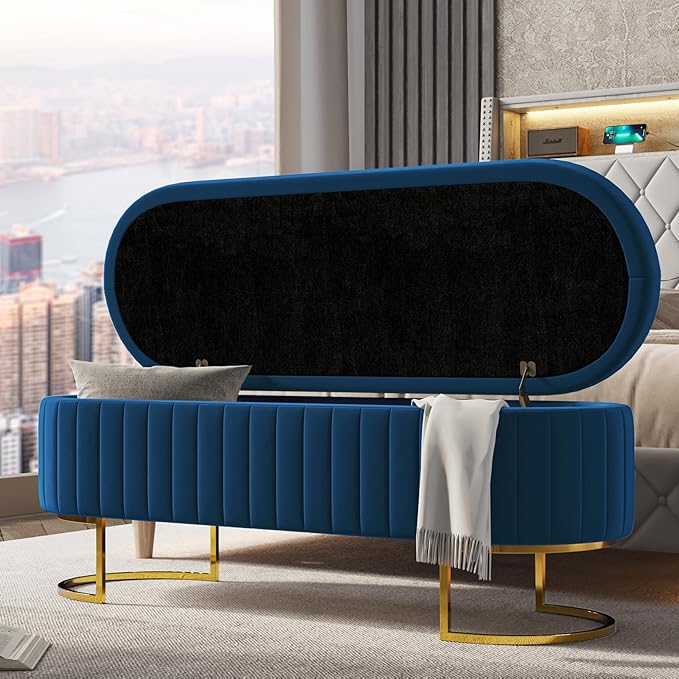EcoHarbor Living 55.5" Storage Bench Ottoman End of Bed Bench Bedroom Bench, Upholstered Velvet Long Window Bench Large King Size with Gold Legs, Flipping Lid Entryway Footrest