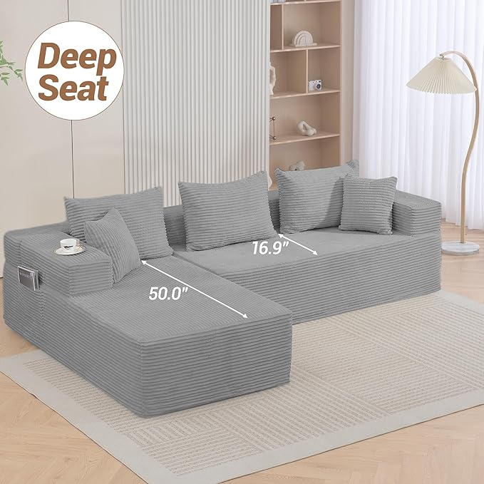 105" Cloud Sectional Couch, Modular Sectional Sofa with L-Shape Chaise, Corduroy Boneless Couches for Living Room, No Assembly, Grey
