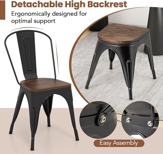 COSTWAY 18 Inch Dining Chair Set of 4, Industrial Vintage Stackable Metal Chairs, Counter Bar Chairs with High Backrest, Wood Seat, for Home, Kitchen and Cafe Bar Use
