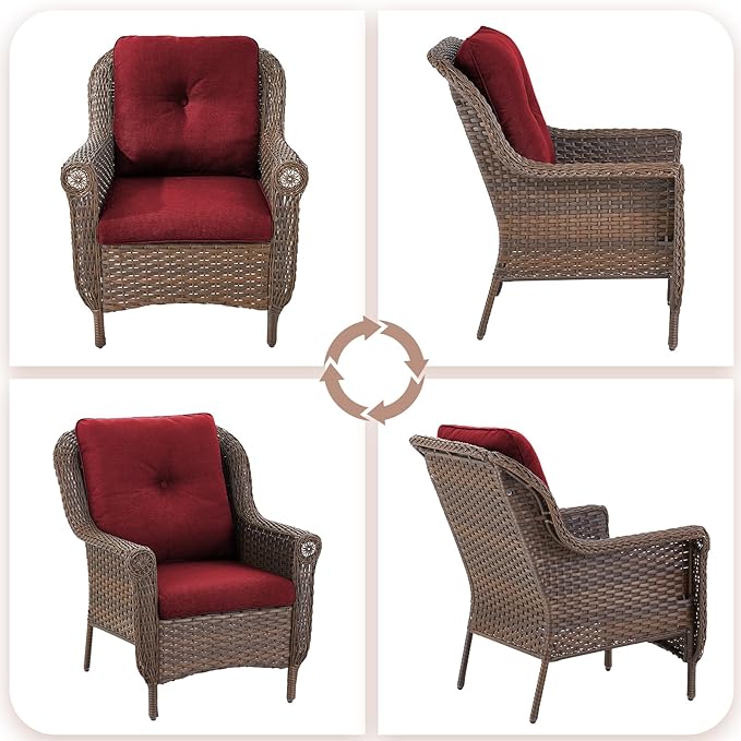 Patio Wicker Chairs Outdoor Furniture Chair - Set of 4 Outside All Weather Lawn Dining Brown Rattan Armchair with High Back&Deep Seating for Deck Porch Balcony Backyard Garden - Red