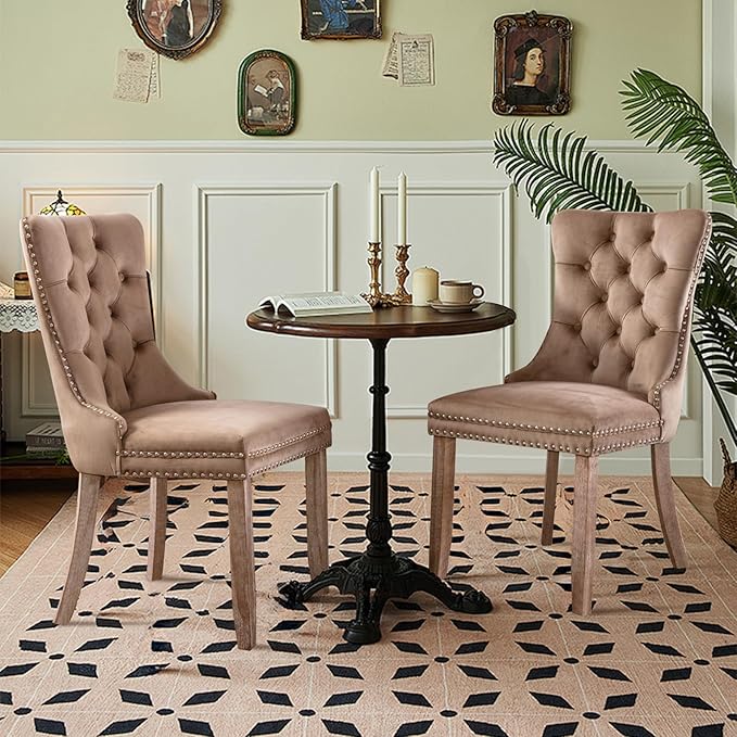 Velvet Upholstered Dining Chairs Set of 2, Modern Style Kitchen Side Chairs with Nailhead Trim and Wood Legs,Metal Pulling Ring for Dining Room Living Room(Khaki)