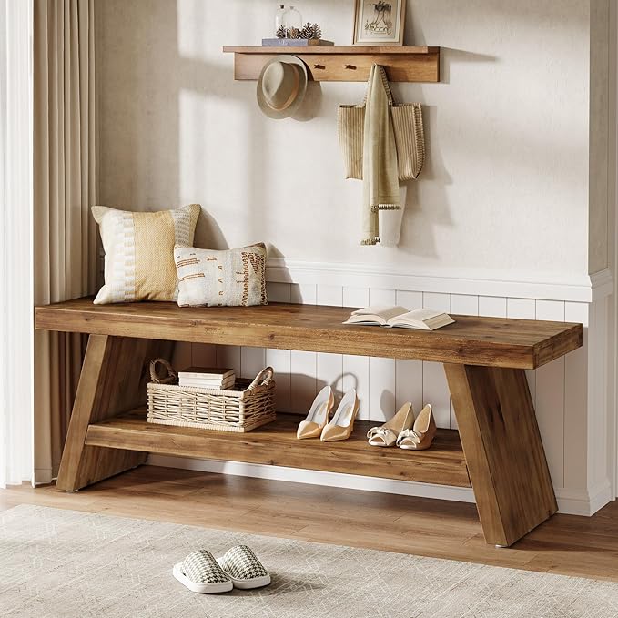 2-Tier Entryway Bench, Hallway Foyer Solid Wood Seating with Open Shelves, Wooden Shoe Bench Indoor for Entryway, Living Room, Bedroom (Rustic Brown)