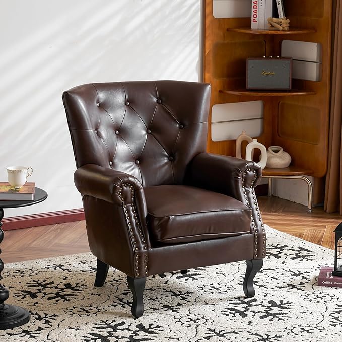 MOJAY PU Leather Accent Chair Set of 2, Modern Armchair Living Room Chair, Upholstered Club Chair with Rivet Trim, Mid-Century Sofa Chair with Sturdy Wood Legs for Bedroom (Caramel)