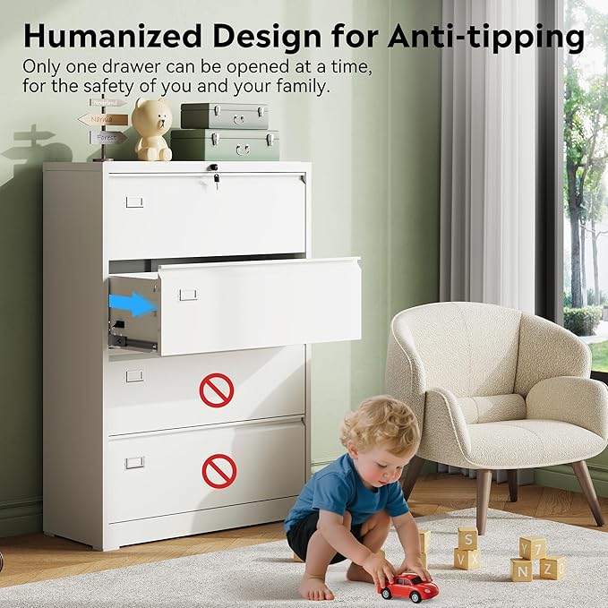 DEVAISE 4 Drawer Lateral File Cabinet with Lock, Metal Filing Cabinets for Home Office, 16" D x 35" W x 52" H Wide Storage Organization for Hanging Files Letter/A4/Legal/F4 Size, White