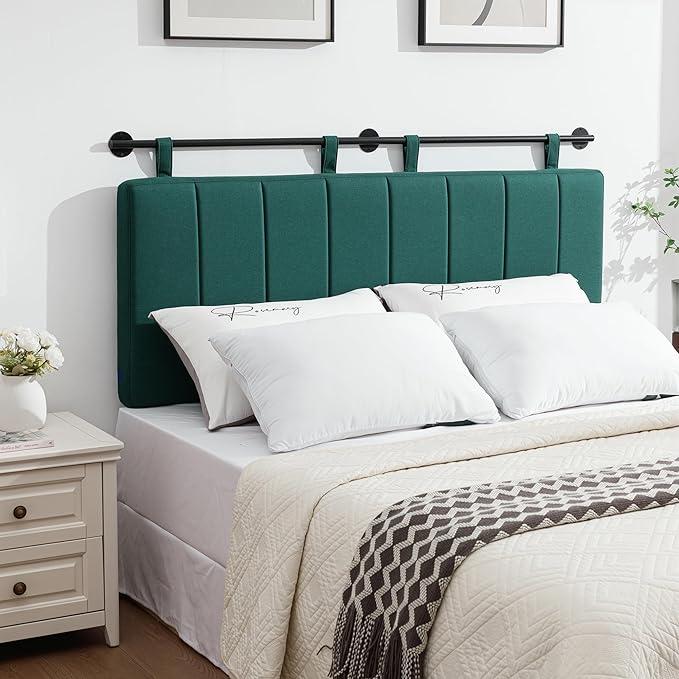 UEV Queen Headboard Only, Wall Mounted Hanging Upholstered Bed Head Board, Modern Vertical Channel Design of Fine Linen, Elegant Dark Green Fluted Headboard for Bedroom (Dark Green, Queen Size)