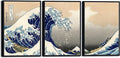 Wieco Art Black Framed Great Wave of Kanagawa Katsushika Hokusai 3 Piece Modern Canvas Prints Artwork Abstract Pictures Paintings on Canvas Wall Art for Home Office Decorations Wall Decor