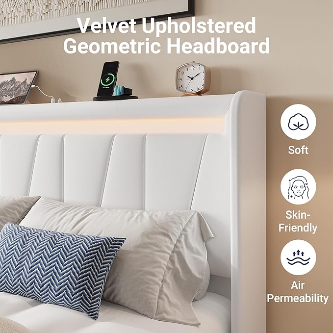 Allewie Full Size LED Bed Frame with Charging Station, Velvet Upholstered Platform Bed with Geometric Wingback Headboard, Modern Frame with No Box Spring Needed, Easy Assembly, White
