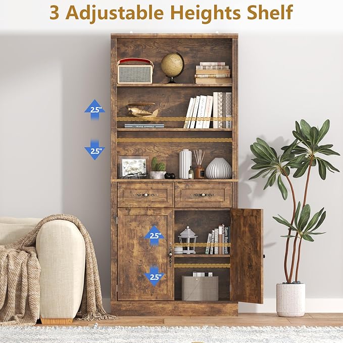 72'' Tall Bookcase with Doors and Drawers, Adjustable Shelves, P2 MDF Construction, 32'' Wide Freestanding Cabinet with Metal Handles, Hidden Storage for Living Room, Bedroom, Brown