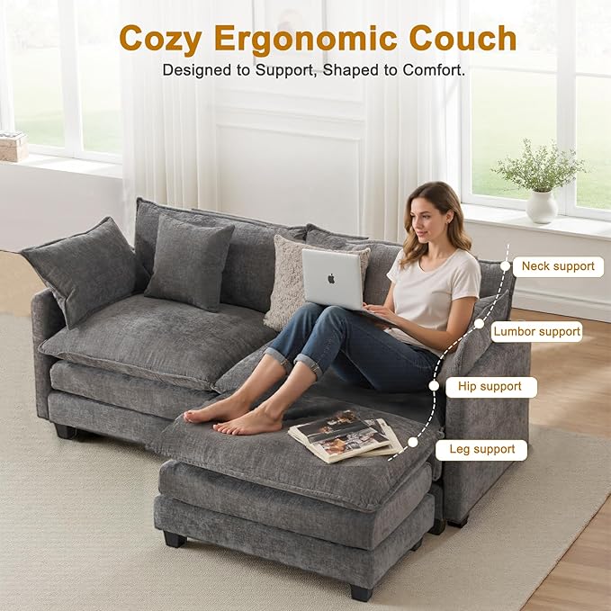 77" Cloud Chenille L-Shaped Sofa with Ottoman | Space-Saving Apartment Couch with 29.1" Deep Seat & Footrest | FSC Certified Solid Wood & Metal Frame | Easy Assembly & 1YR Guarantee