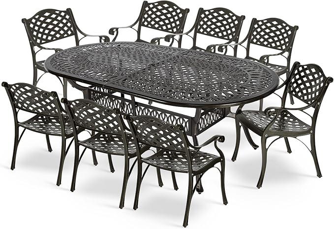 MEETWARM 9-Piece Outdoor Patio Dining Set, 8 Outdoor Dining Chairs and 1 Oval Table with 2" Umbrella Hole, All Weather Cast Aluminum Patio Funiture Set for Backyard, Garden, Patio