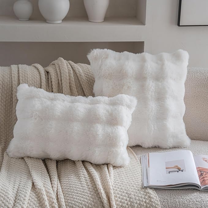 Neelvin Cream White Faux Fur Cozy Soft Double-Sided Decorative Throw Pillow Covers 22x22 inch Set of 2,Velvet Pillowcase Cushion Case for Sofa Couch