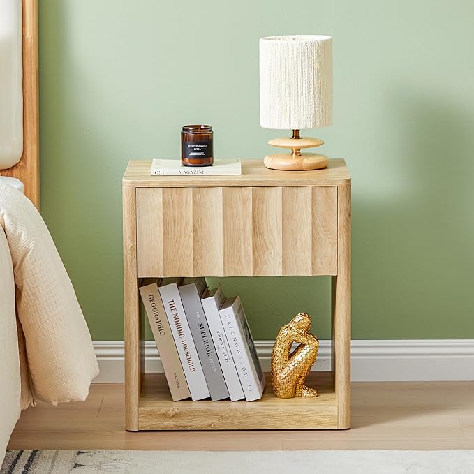 Fluted Dresser, Small Nightstands Set of 2, Natural Bedside Table with Drawer and Storage, Mid Century Modern Side Table for Bedroom Living Room Sofa