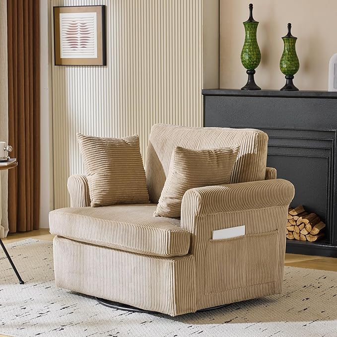 Karl home 39" Swivel Accent Chair,Oversized Seat Armchair W/2 Pillows and 4 Pockets,Modern Upholstered Corduroy Barrel Chairs,Comfy Single Sofa for Living Room,Reading,Bedroom and Office-Khaki
