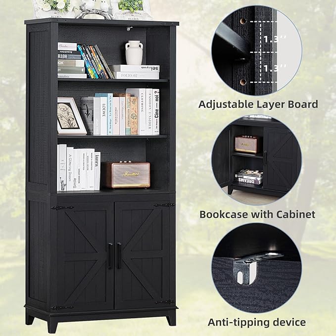 70in Tall Bookshelf 5 Tier Bookcase with Barn Doors and Adjustable Shelves, Black Farmhouse Book Shelf with Storage Cabinet, Wood Freestanding Display Bookshelves for Bedroom, Kitchen (3PCS)