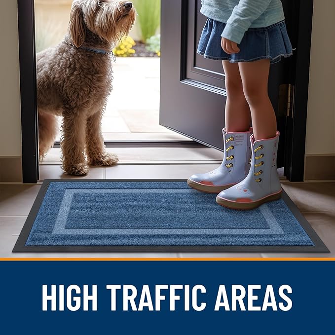 OLANLY Front Door Mat Indoor Outdoor Entrance, Waterproof All-Season, All-Weather Doormat, Sturdy Natural Rubber, Fade Resistant, Low Profile, Easy Clean Patio Porch Entryway Mat, 33x21, Light Blue
