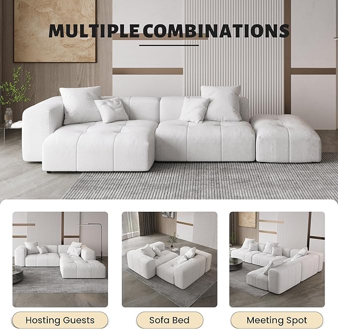 WJShome 158" Oversized Modular Sectional Sofa, L Shaped Couch with Ottoman,Sectional Couches for Living Room,Large Linen Deep Seat with Pillow Couches for Home,Spacious Space,White